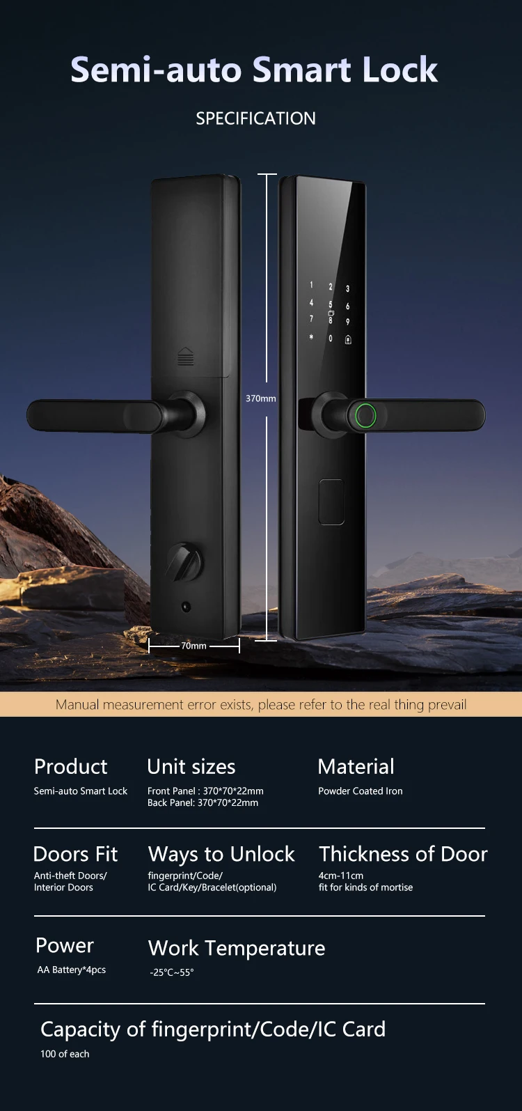 Easy Installation Out Door Code Changeable Smart Lock with Type C Charge Port for Apartment Hotel and Family