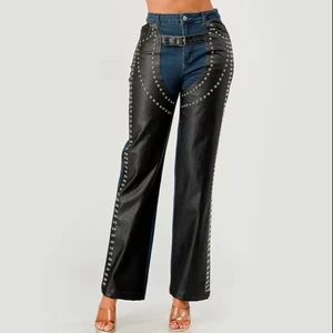 Stylish Ladies' High Waist Hip Hop Long Pants Denim with Button Decoration and Riveted Logo Autumn/Spring Woven
