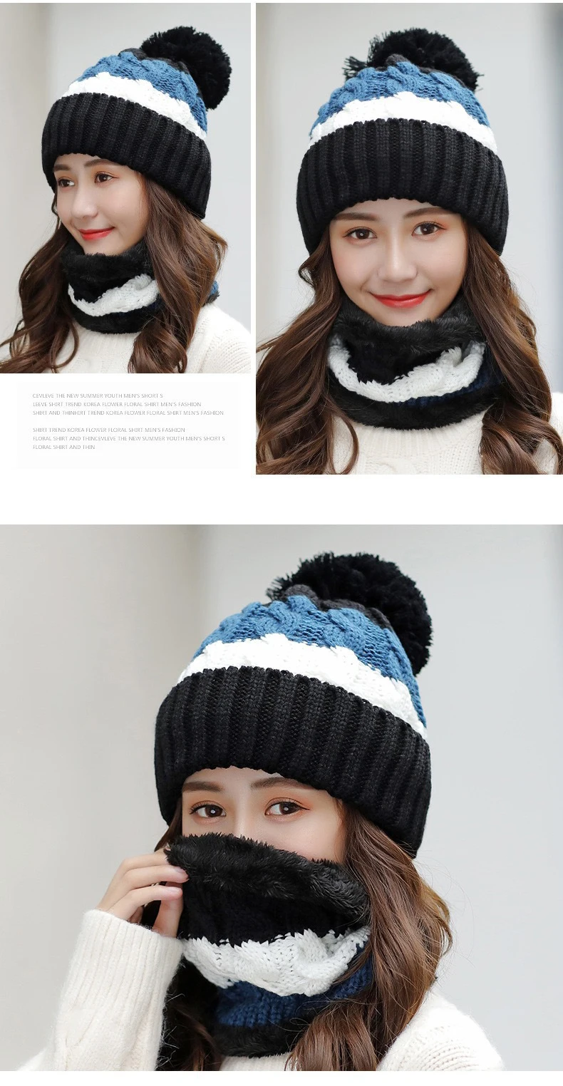 Women Winter Hat Scarf Glove 3 In 1 With Pompom Fleece Lined Knitted ...