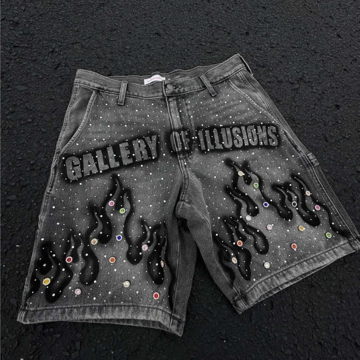 Y2K Summer High-street Fashion Men's Mid Cropped Boot Cut Denim Shorts Hand-painted Prints Rhinestone