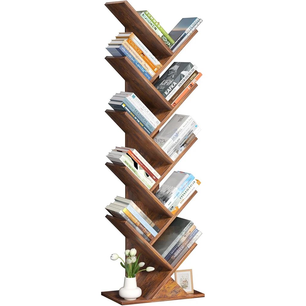 10 Tier Modern Nu-Deco Wooden Floor Standing Narrow Space Storage Organizer Bookshelf for Home Office & Living Room Brown