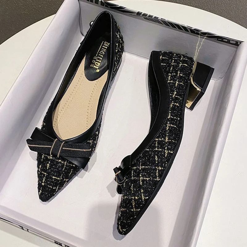 Y 35-43 Plus Size Bow Single Shoes Women's 2.5CM Block Heel New Heels Soft Sole Pointed