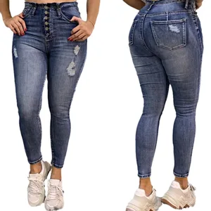 Women's Vintage Style Tight Fitting Denim Jeans with Button Decoration Washed Technique All Seasons Casual-Wholesale Logo Waist