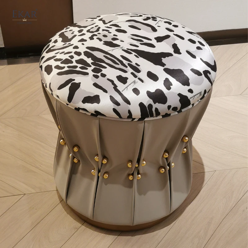 product luxurious gold brushed metallic finish drum stool contemporary accent seating pouf-63