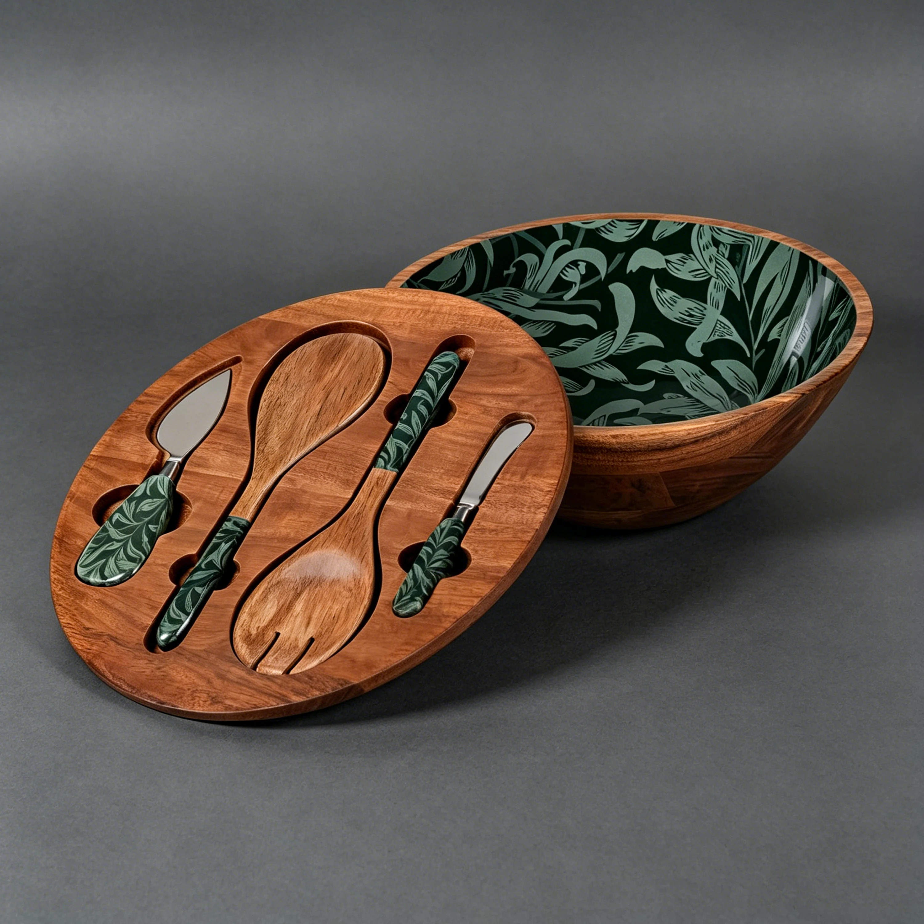 Acacia Wood Salad Bowl Set with Utensils Enamel Printed Salad Spatula and Cheese Knife Serving Bowl with Lid for Kitchen Party