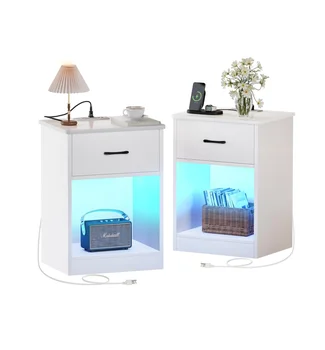 2-piece bedside table set, bedside table with charging station and LED strip, bedside table with drawer, bedroom side table