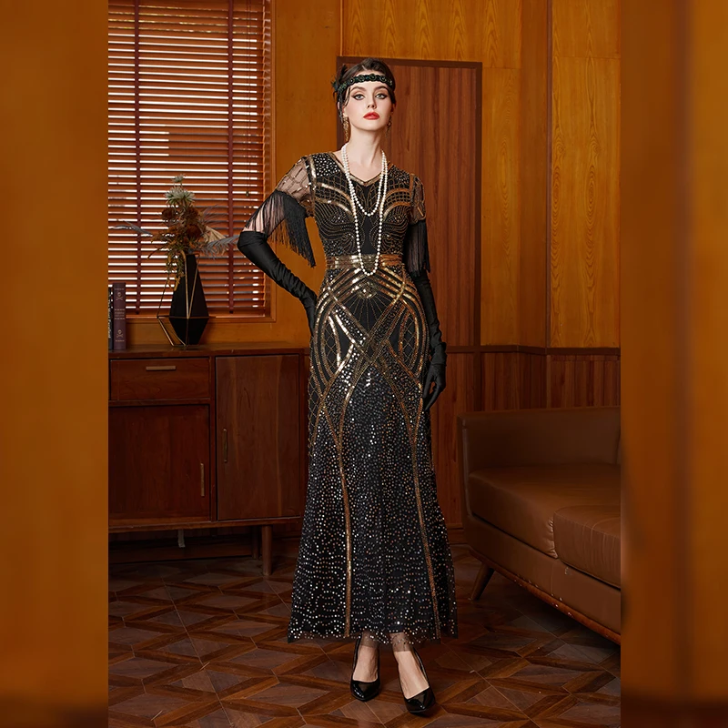 Vintage 1920s Flapper Gatsby Sequin Short Sleeve Long Dress