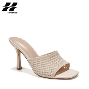 Summer Graceful Knit Square Toe Mule Sandals for Women with 9cm Stiletto Heel Breathable Party Evening Shoes Light Weight