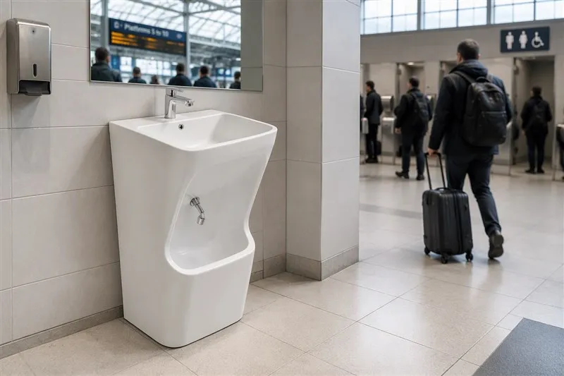 info-1-1 White ceramic wudu basin with knee-level foot opening in a transit hub washroom