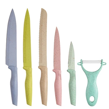 6 pcs/set Macarons Colorful Wheat Straw Kitchen Knife set Non-Stick Coating ceramic knife set For Gift