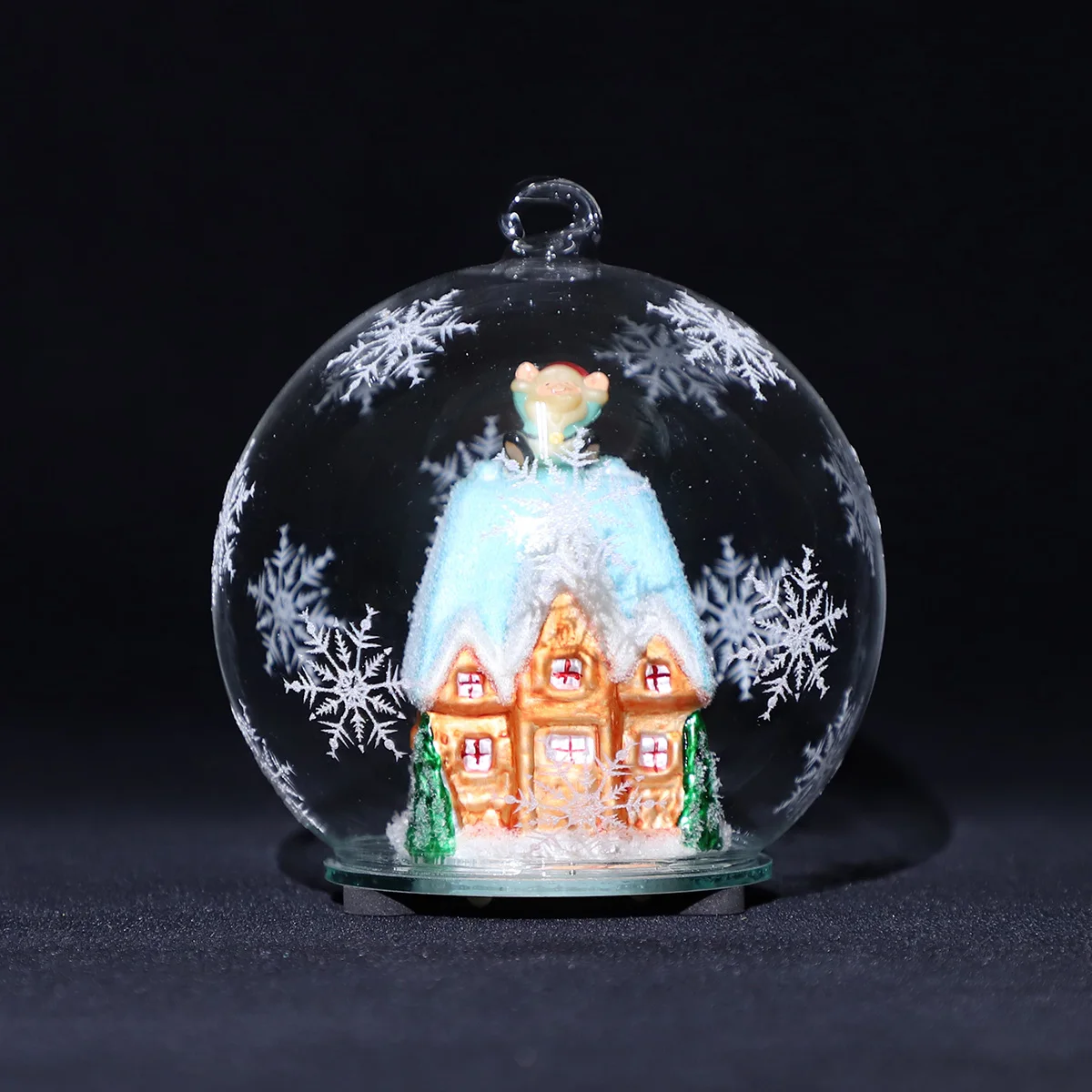 Wholesale custom design led 12cm clear christmas decoration glass hanging ball & tree ornaments with painted satan house inside