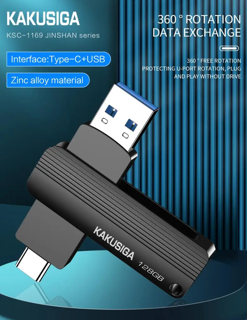 KAKUSIGA USB3.2 16GB 32GB 64GB 128GB High Speed Computer Laptop PC U-Disk 360 Rotation USB Type-c Flash Drive