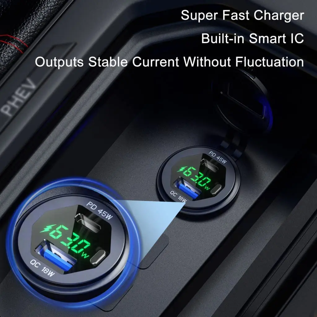 USB C Car Charger Socket 12V/24V USB Outlet 45W PD Type C & 18W QC 3.0 Car Dual USB Port with LED Voltmeter & Button Switch