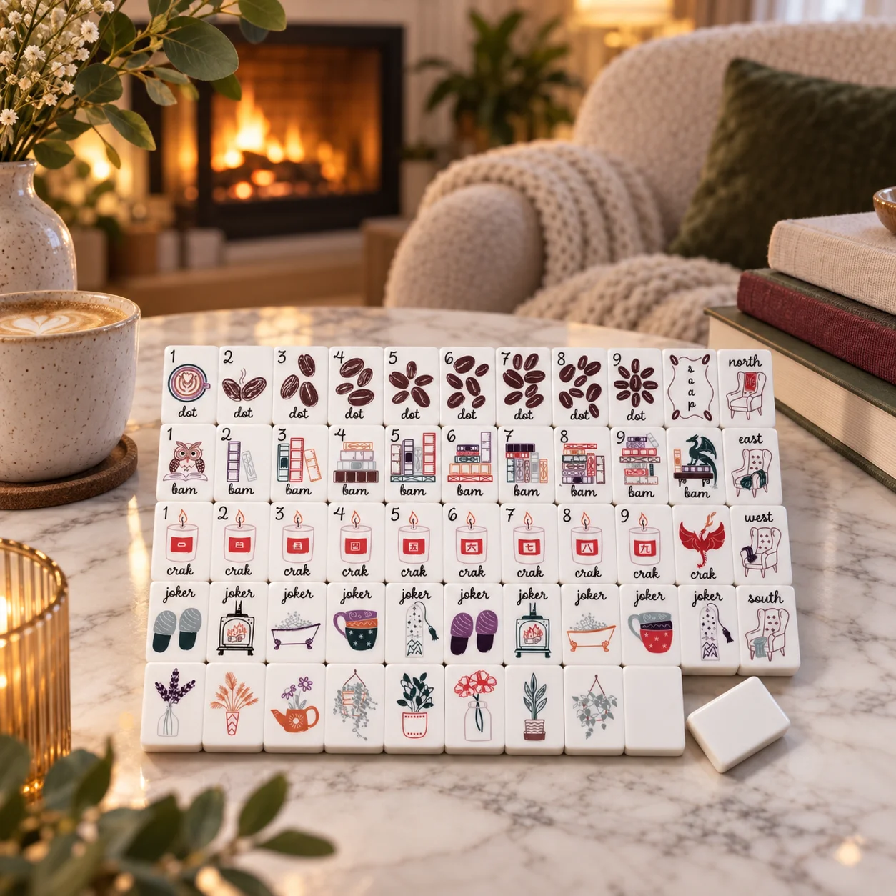 American Mahjong Tiles Set 160Pcs Premium Acrylic White Mahjongg, Cozy Coffee Book Plant Theme Mah Jong for Women Party Gift