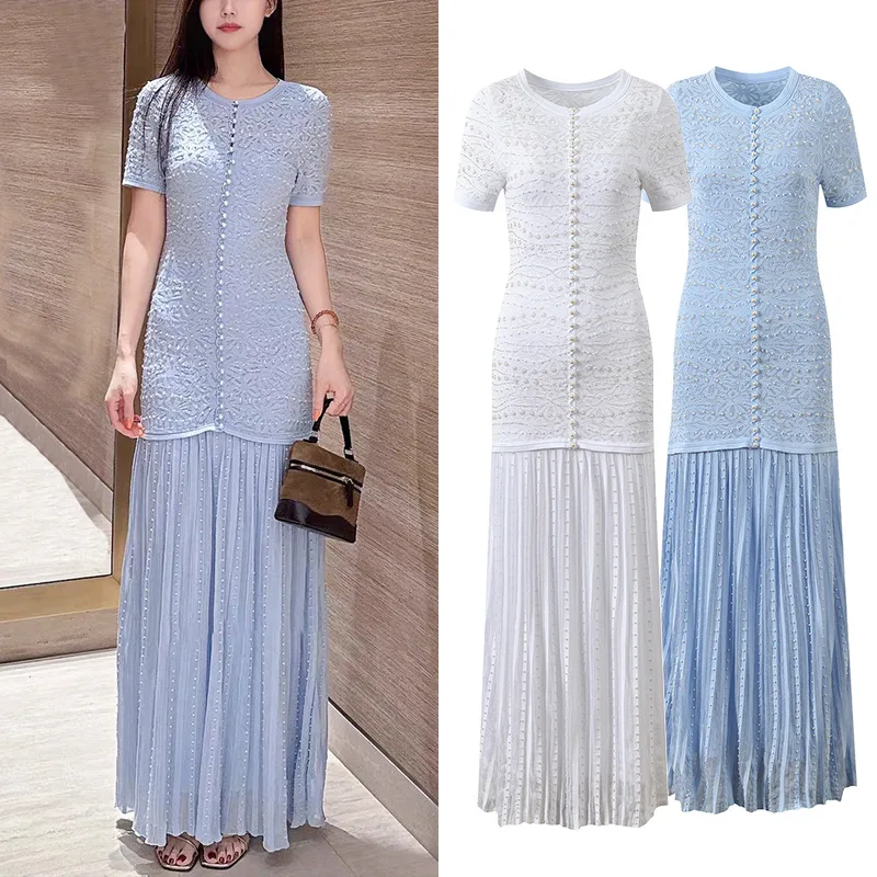 A11787 French Imitation Pearl Neck Dress Spring Commuting Fashion Lace Jacquard Pearl Button Maxi Length One Size Empire