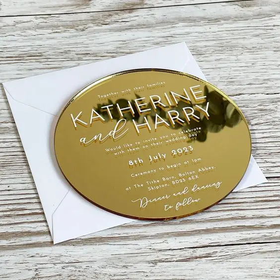 Modern Gold Printing Circular Floral Round Shaped Acrylic Wedding  Invitations SWAY003