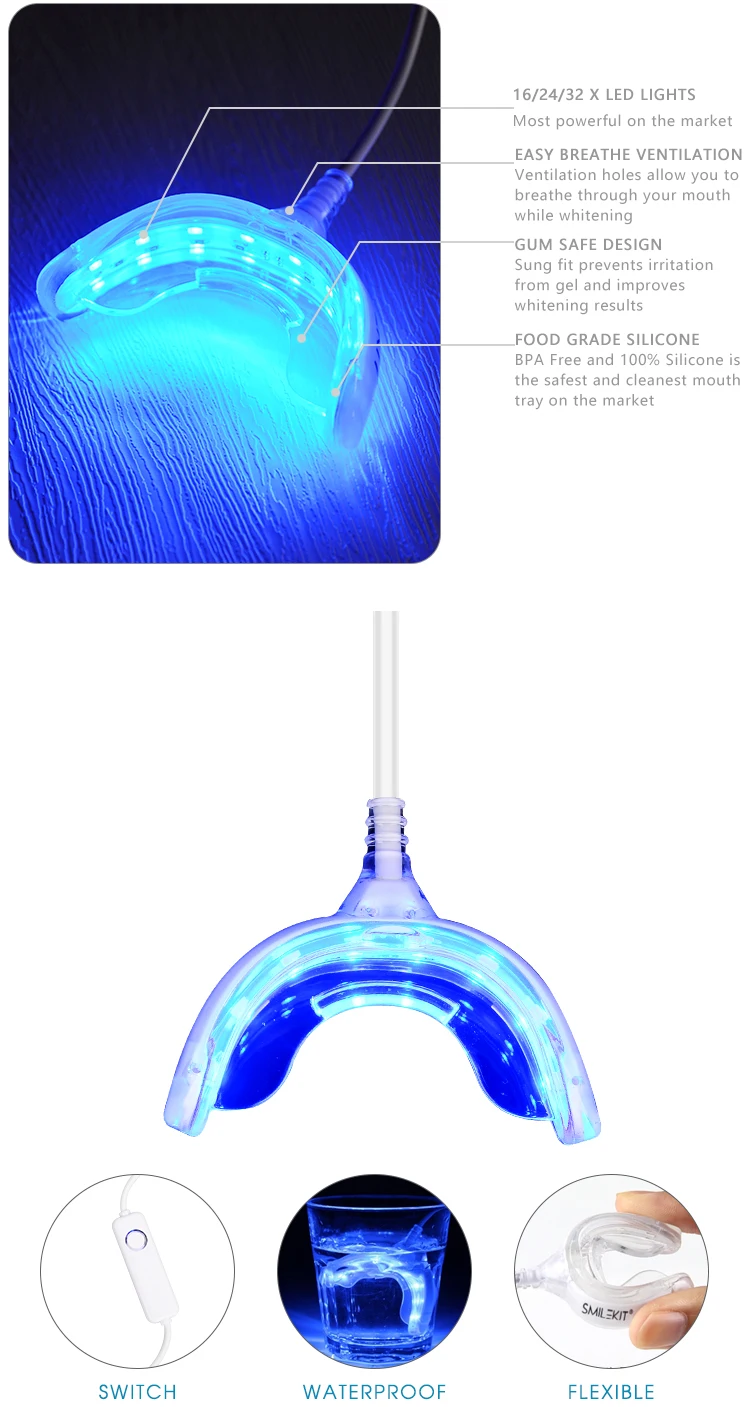 Smilekit Professional Blue Color 16-LED Smart Phone Teeth Whitening Light with Super Soft Silicone Mouthpieces