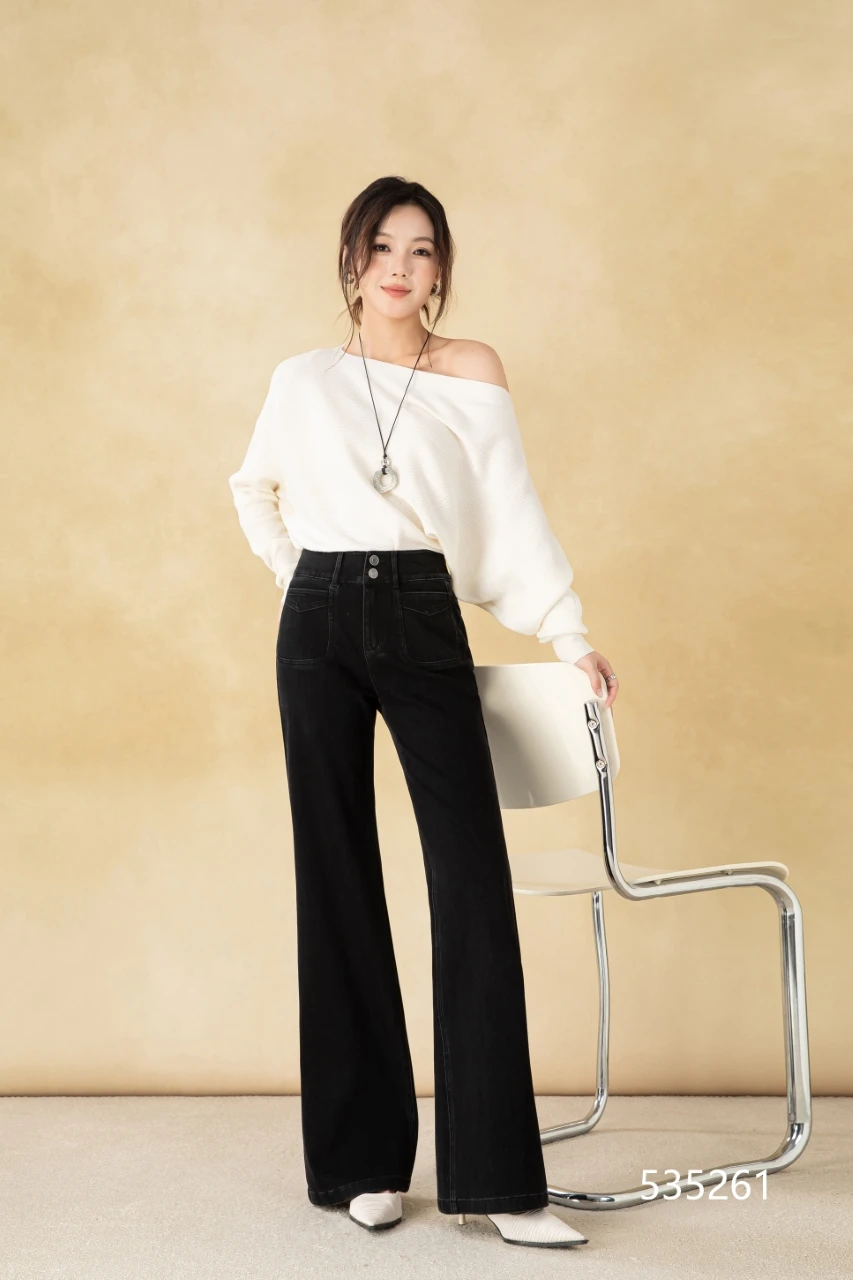 Vintage-Style Women's Dark Wash Straight Stretch Denim Pants Breathable and Washable Wide-Leg Simple Formal Wear