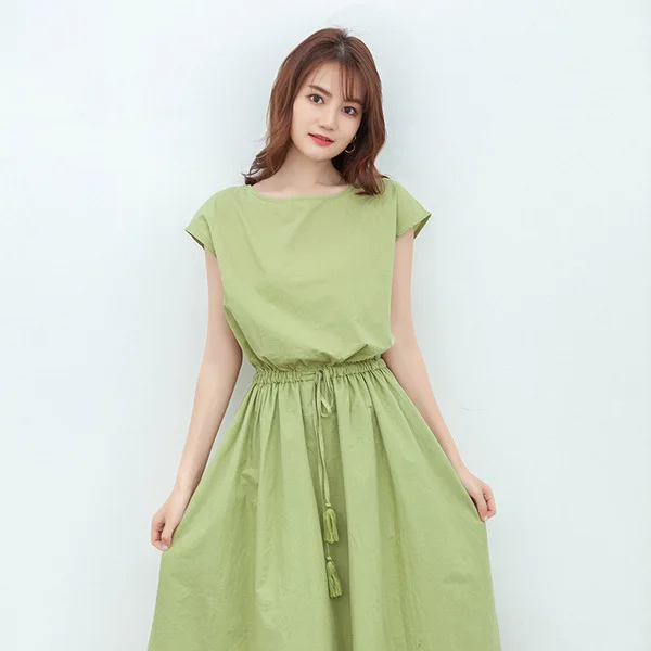 New Summer 2022 Large Women Short Sleeve Drawstring Tassel Dresses Solid  Color Cotton Linen O-neck Loose Waist Midi Long Dress - Buy Wholesale 2021 