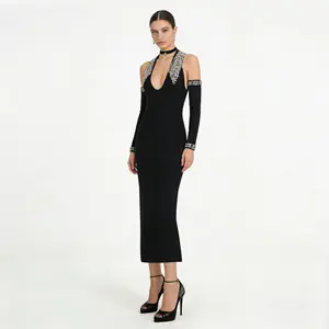 Hot-Selling 2026 New Fashion Halter Neck Sexy Diamond-Embellished Long Dress Black Bandage Dress