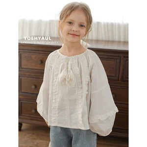 YOEHYAUL C2955 Custom 100% Cotton Handmade Flower Ties Kids Girl Long Sleeves White Shirt High Quality Soft T Shirts Child Top