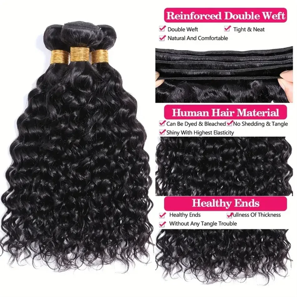 Human Hair Water Wave Double Weft Bundles For Women Natural Black Color 100% Human Hair Quality Pure Brazilian Hair 8-32 Inch_voghion.com