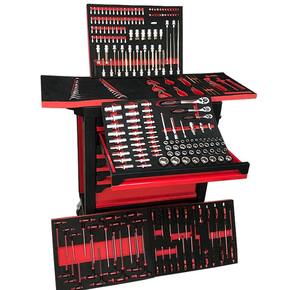 Hot Selling 250-Pcs Auto Tools Set Iron Werkzeug Outillage in Europe Hand-Powered Tool Trolley Cabinet OEM Customizable