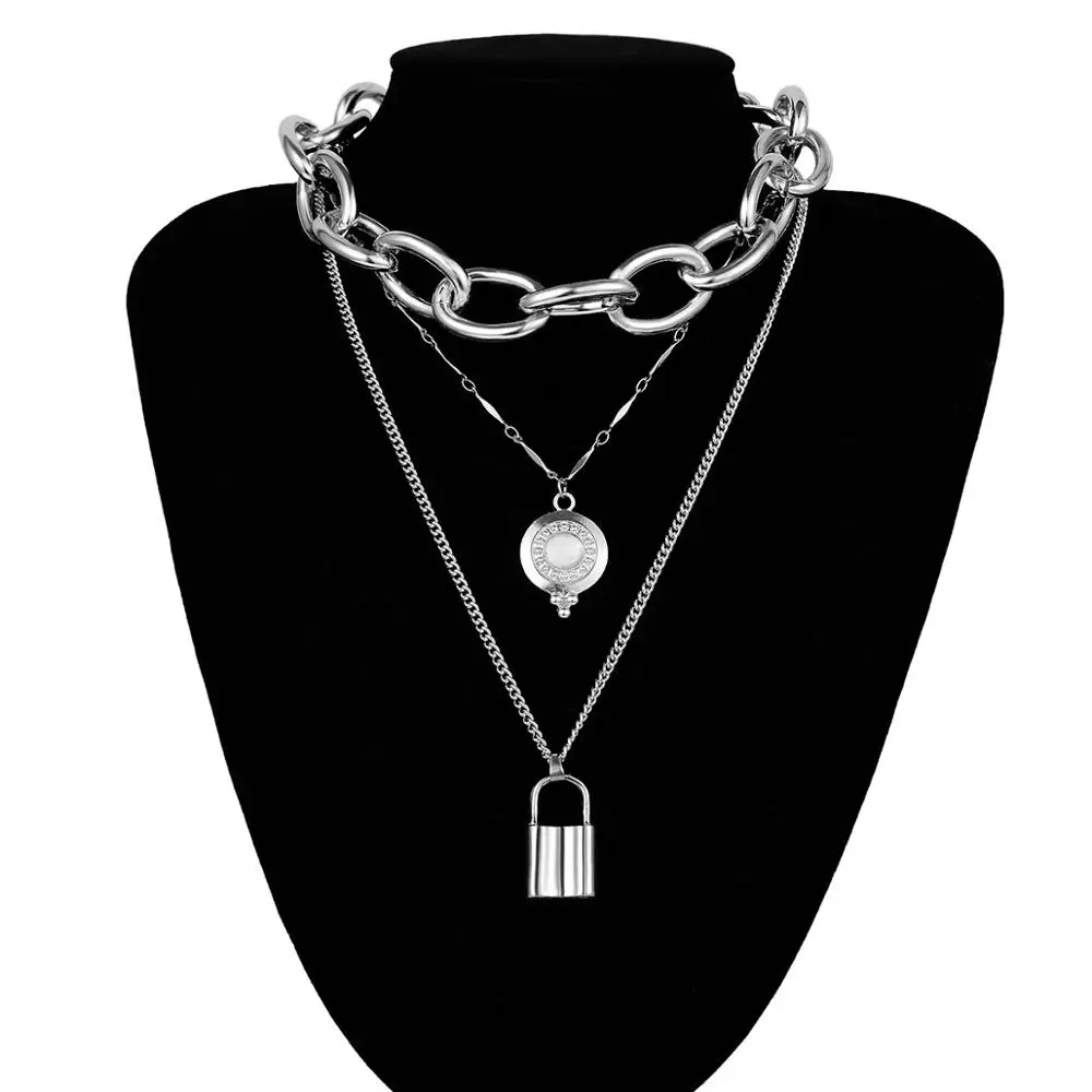 Stainless Steel Padlock Chain Necklace Lock Key Pendant Punk Rock