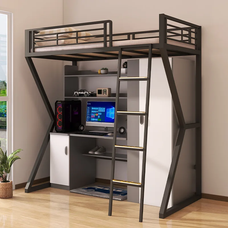 Single/Double Combination Bed Upper Bed Lower Desk Wardrobe Metal and Wood Material Student Dormitory/Apartment Bed