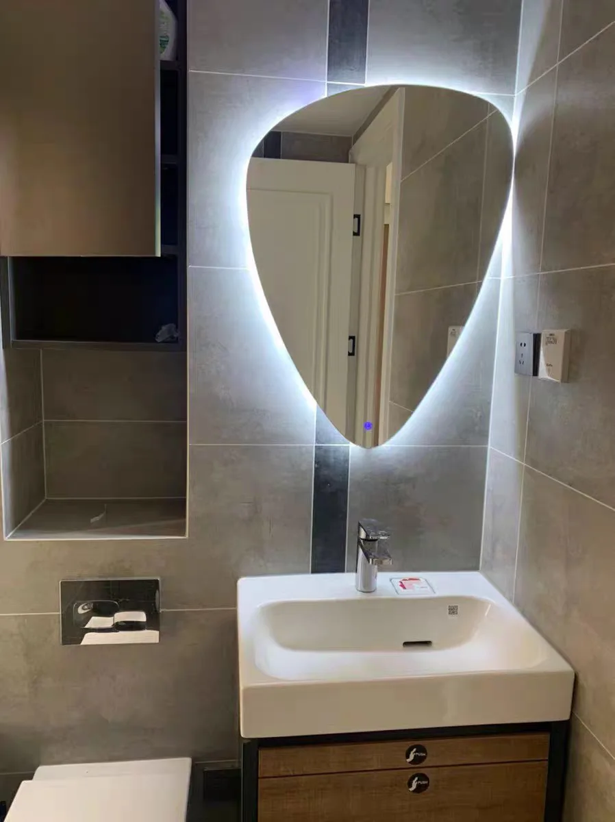 Kamali custom simple design hotel Irregular shape luxury illuminated defog glass backlit bathroom wall mounted smart LED mirror