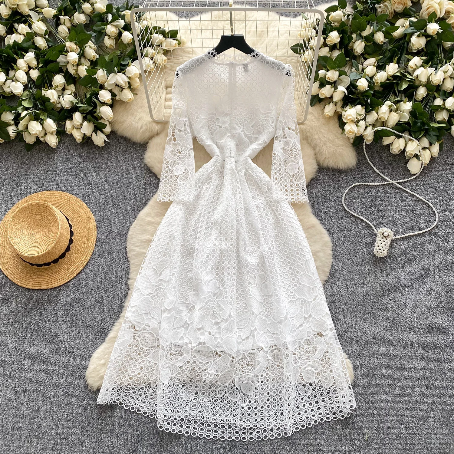 Elegant Dresses Long Sleeve Lace Dress - Women'S Sophisticated Crochet  Hollow Out Formal Evening Gown Casual Dresses