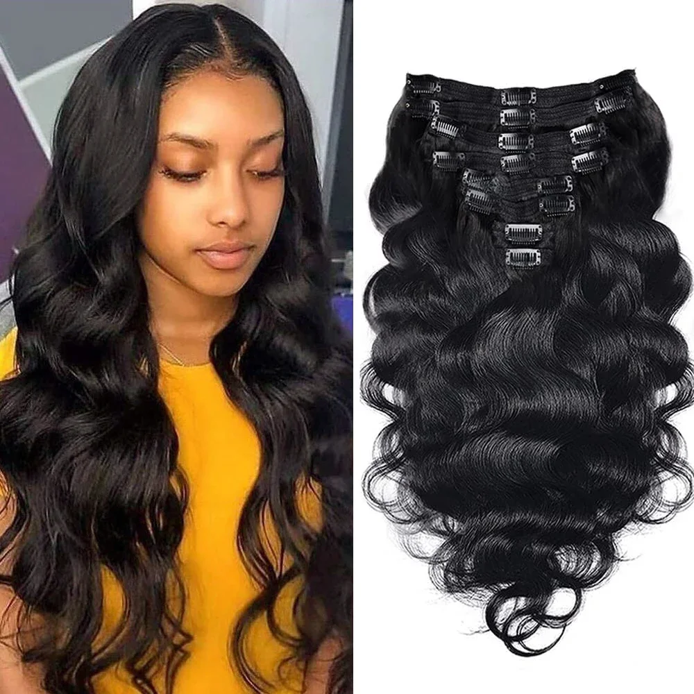 Body Wave Clip-In-Extensions aus Echthaar, natürliche Farbe Nr. 1B, brasilianische Echthaar-Extensions zum Anklipsen, 120 g/Set_voghion.com