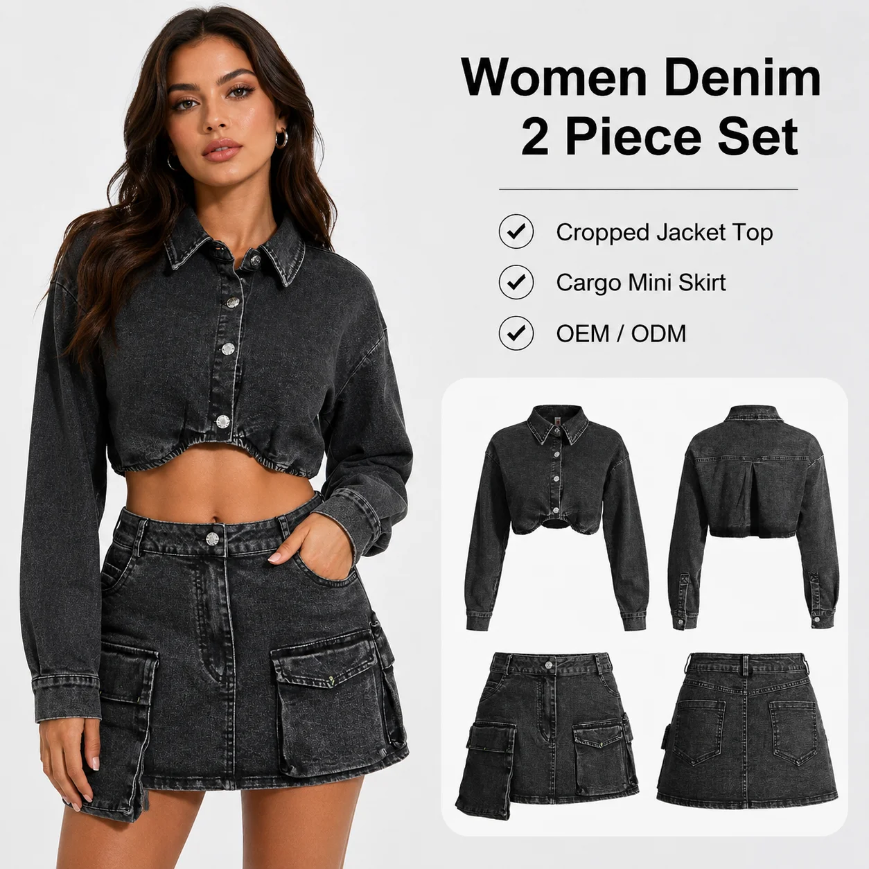 High Quality Women's Denim Jacket Outfits Stretch Cotton Crop Jacket Shorts Solid Knee Long Matching Two Piece Jeans Skirt Set