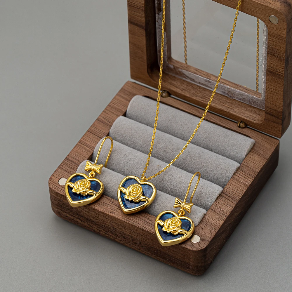 product wholesale customized blue resin heart bow pendant rose flower drop earring necklace set new style fashion jewelry for wedding-1