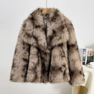 2026 Chic Leopard Print Big Collar Oversized Fluffy Faux Fur Coat Woman Clothing Winter Furry Jacket Fox Fur Faux Coat
