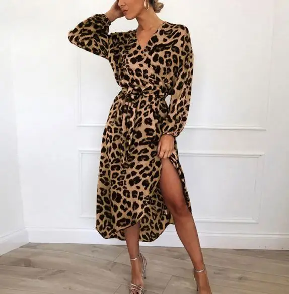 Оптовая продажа, лидер продаж, Повседневное платье с леопардовым принтом и V-образным вырезом, с завышенной талией, женская одежда
