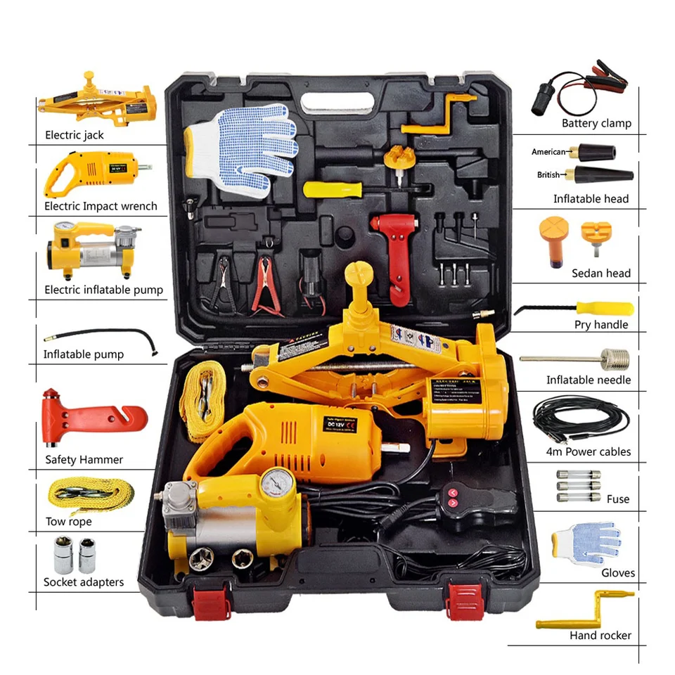HF2ST Direct Factory Sell 5 in 1 Electric Car Jack DC12V 3T Jack Compressor Wrench Emergency Tool Kit Motor Lifting Car Jack