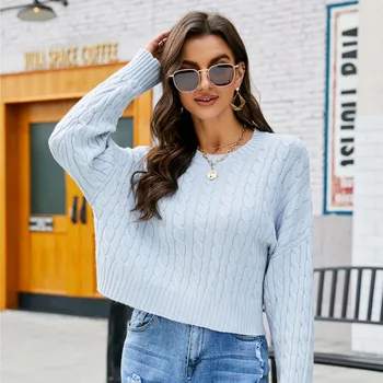 Factory Spring Fall Winter Good Quality Crew Neck Long Sleeves Cabel Short Loose Sexy Knitted Top Women Pullover Sweater