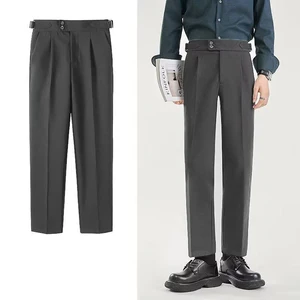 Spring and Summer Men's Suit Pants Casual Thin Straight Leg Trousers Business High Waist Italian Paris Button Trousers
