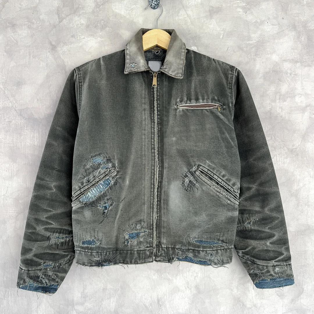 Producent kurtki dżinsowej męskiej w stylu vintage z kwasowym praniem i rozdartymi brzegami, ekologiczna odzież uliczna w stylu hip-hop, odzież wierzchnia OEM, sprzedaż hurtowa