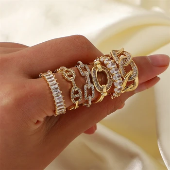 18K Gold Plated Copper Inlaid Zirconium Ring Adjustable Size New Fashion Resizable Rings Jewelry Geometric Zircon Ring Women