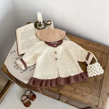 Autumn trendy baby girl baby infant yarn ruffled knitted cardigan coat Knitted bell-bottom pants