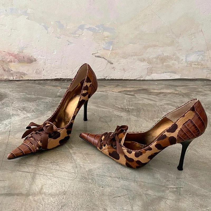 2024 Women Latest Pointed Toe Stiletto Pumps Leopard Animal Print Shoes Lace Up Design Ladies High Heel Shoes - Image 1