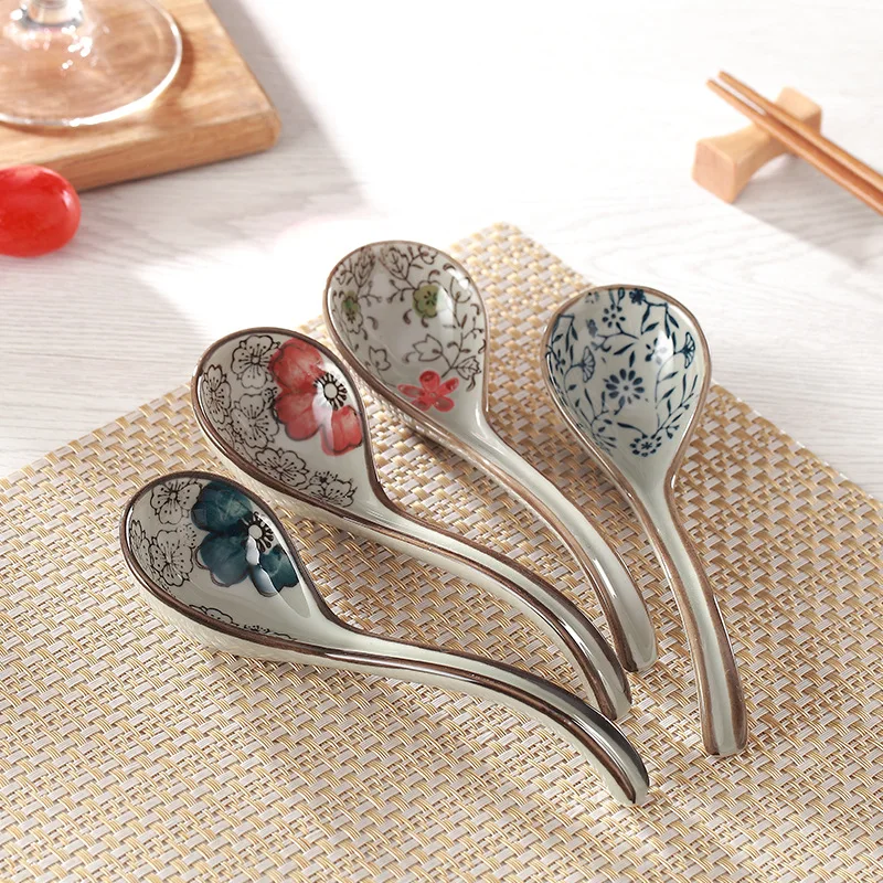 Cucchiai da zuppa cinesi, 4 cucchiai in ceramica per ramen, in stile retrò giapponese, cucchiai da minestra asiatici per ramen pho, cereali, wonton