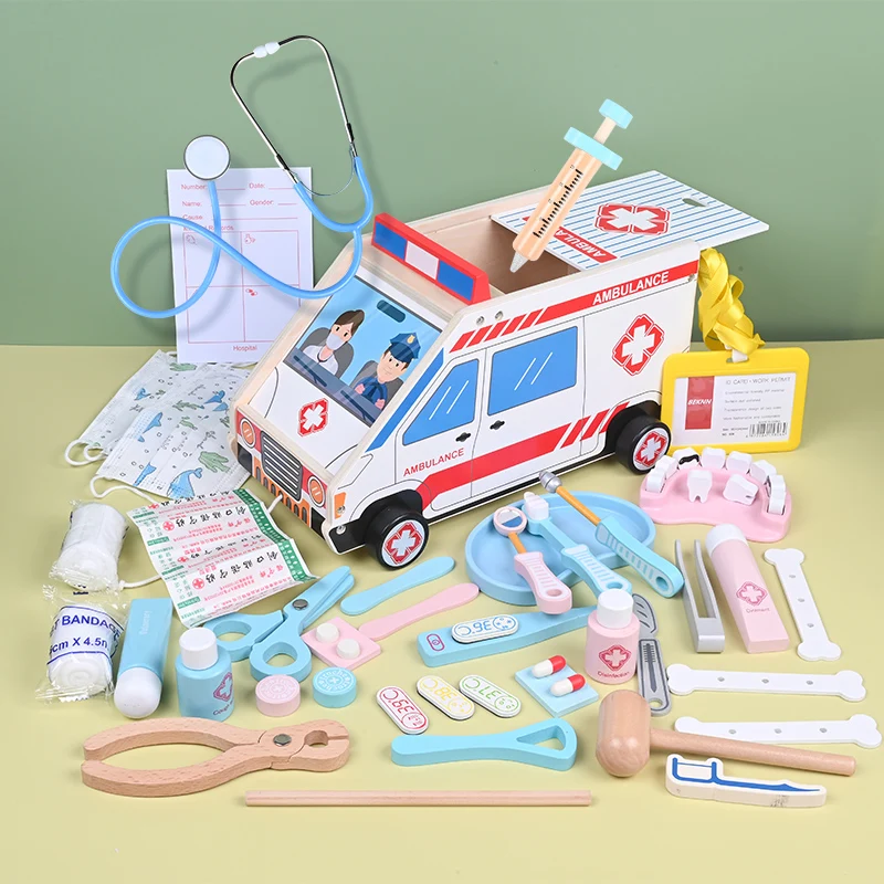 Children's Wooden Ambulance Play Set with Stethoscope and Much More Doctor  Toy for Role Play Set for Years Old Girls and Boys