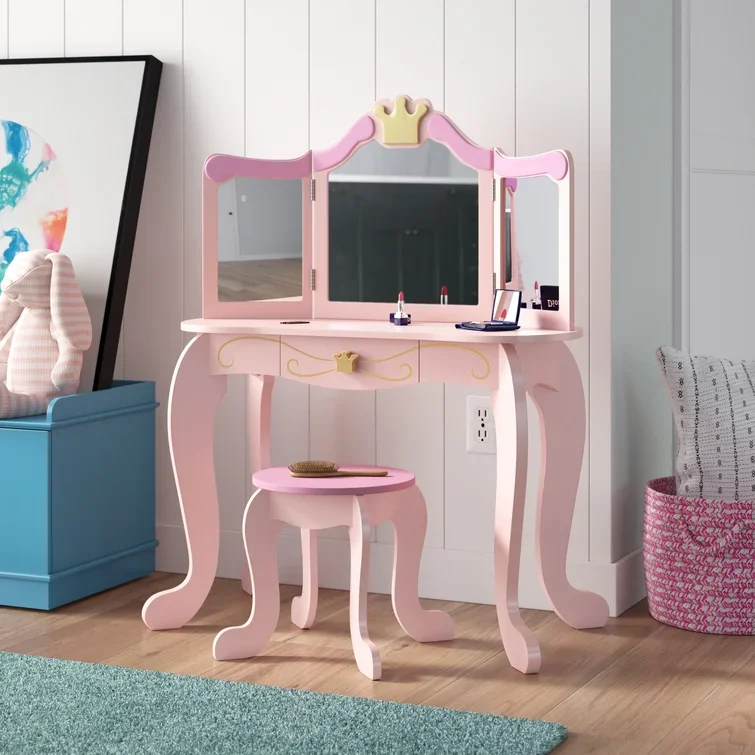 Ready to Ship Pink Kid Image Girl's Home Furniture Wooden Stool Mirror Dresser Desk Set Room Girls Bedroom Dressing Table
