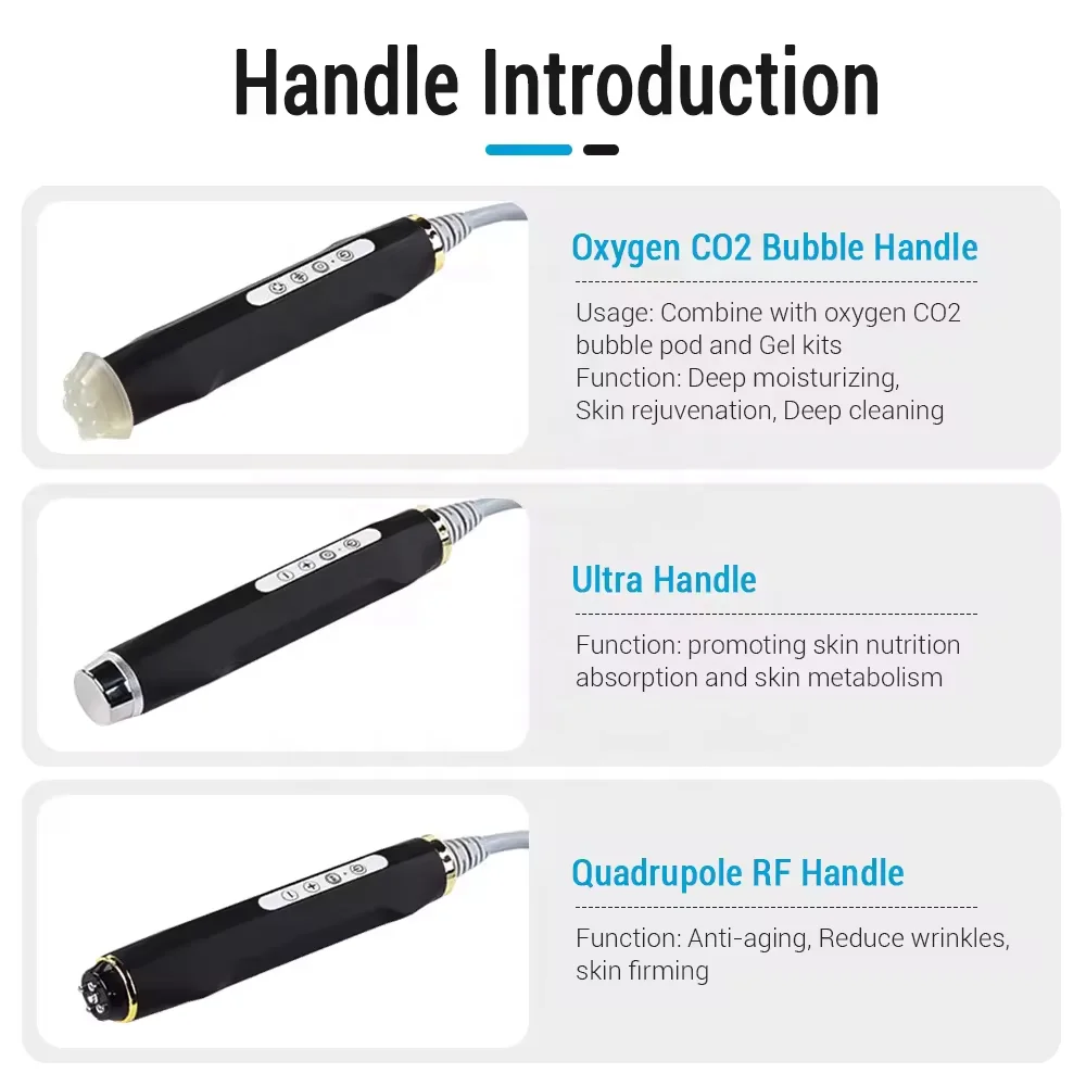 Discover the professional Oxygen Bubble Machine featuring Oxygen CO2 Bubble Handle, Ultra Handle, and Quadrupole RF technology for hydration, skin tightening, rejuvenation, and oxygen facial treatments. 3 in 1 Oxygen Facial Machine –Ultra & Quadrupole RF CO2 Bubble