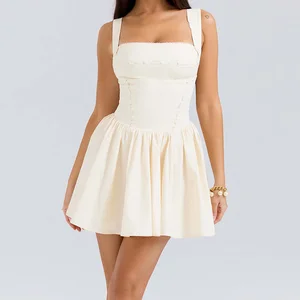 Custom High Quality Charming Buttermilk Chiffon Digital Summer Natural Waist Ribbon Detailed Mini Women's Dress