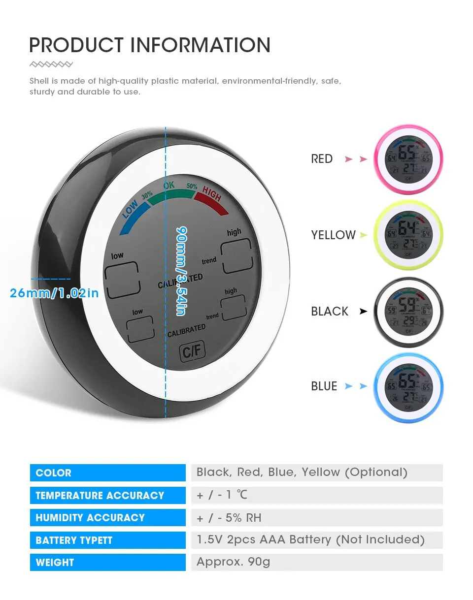 Household Digital LCD Thermometer Touch Screen Temperature Meter Indoor Hygrometer
