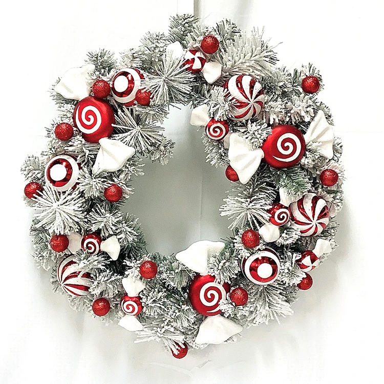 24 дюйма Белый Стекались орнамент конфеты Рождественский венок для передней двери фестиваль внутренней отделки Красный Белый тема конфеты